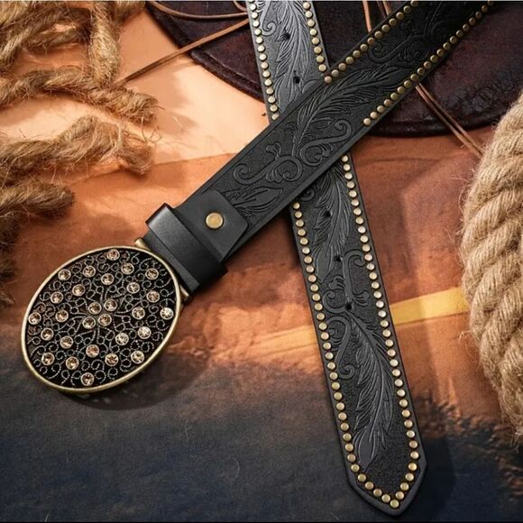 Fashion Vegan Black Leather Belt Boho Western Style Embossed Pattern Size XL - Picture 1 of 7